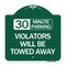 Signmission 30 Minute Parking Violators Will Towed Away, Green & White Aluminum Sign, 18" x 18", GW-1818-24424 A-DES-GW-1818-24424 - alternate 1